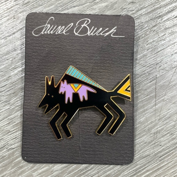 Laurel Burch Brooch BISON Cloisonné Signed Black Lilac Turquoise Yellow - Picture 1 of 9